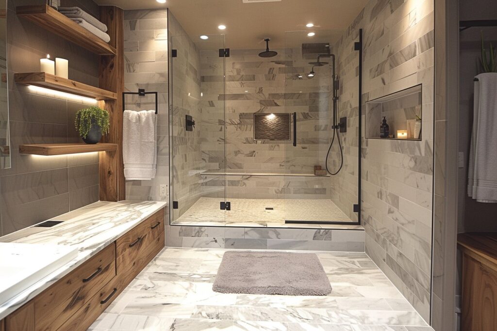 Rénovation de salle de bain : intégrer un espace marbre et bois moderne